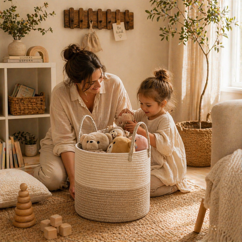 Cotton rope storage basket for calm family spaces and neutral home organization