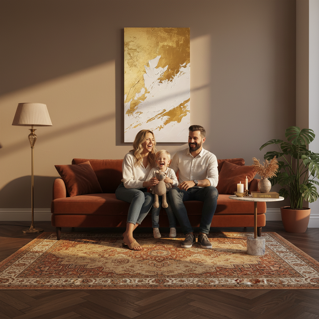 Large abstract gold brushstroke canvas painting in modern Scandinavian luxury interior design
