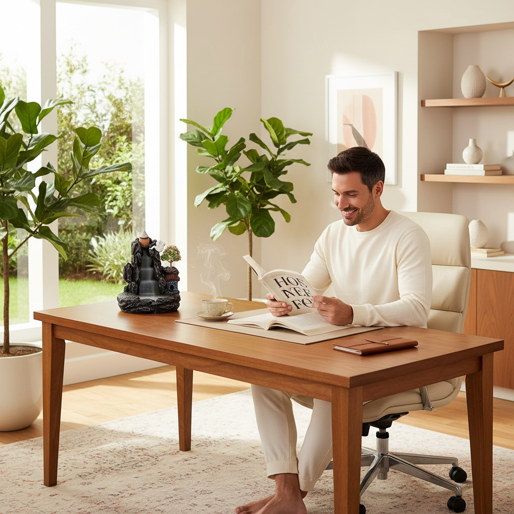Man reading at home office desk with zen backflow incense burner and cascading smoke — Usfera wellness decor
